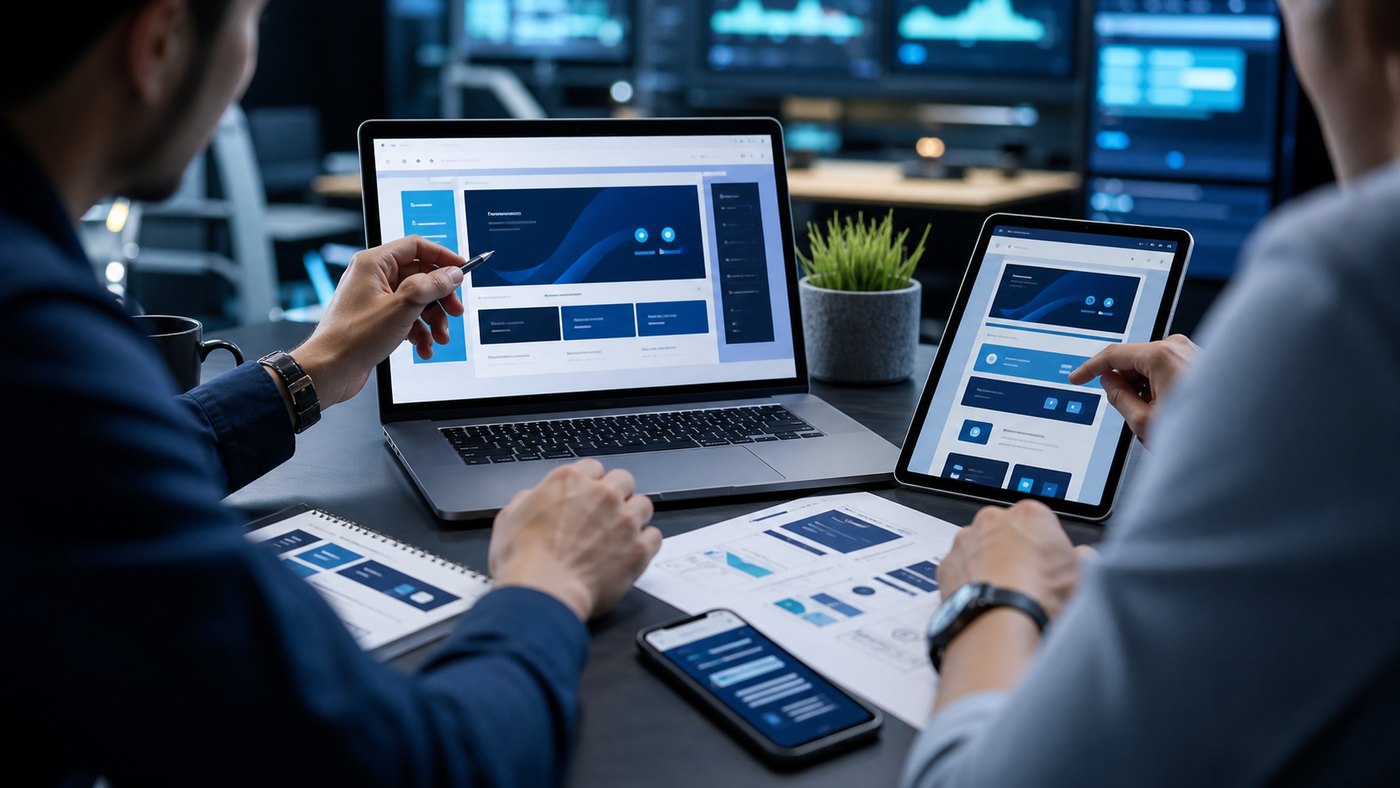 Equipo de trabajo usando computadoras para resolver soluciones tecnológicas